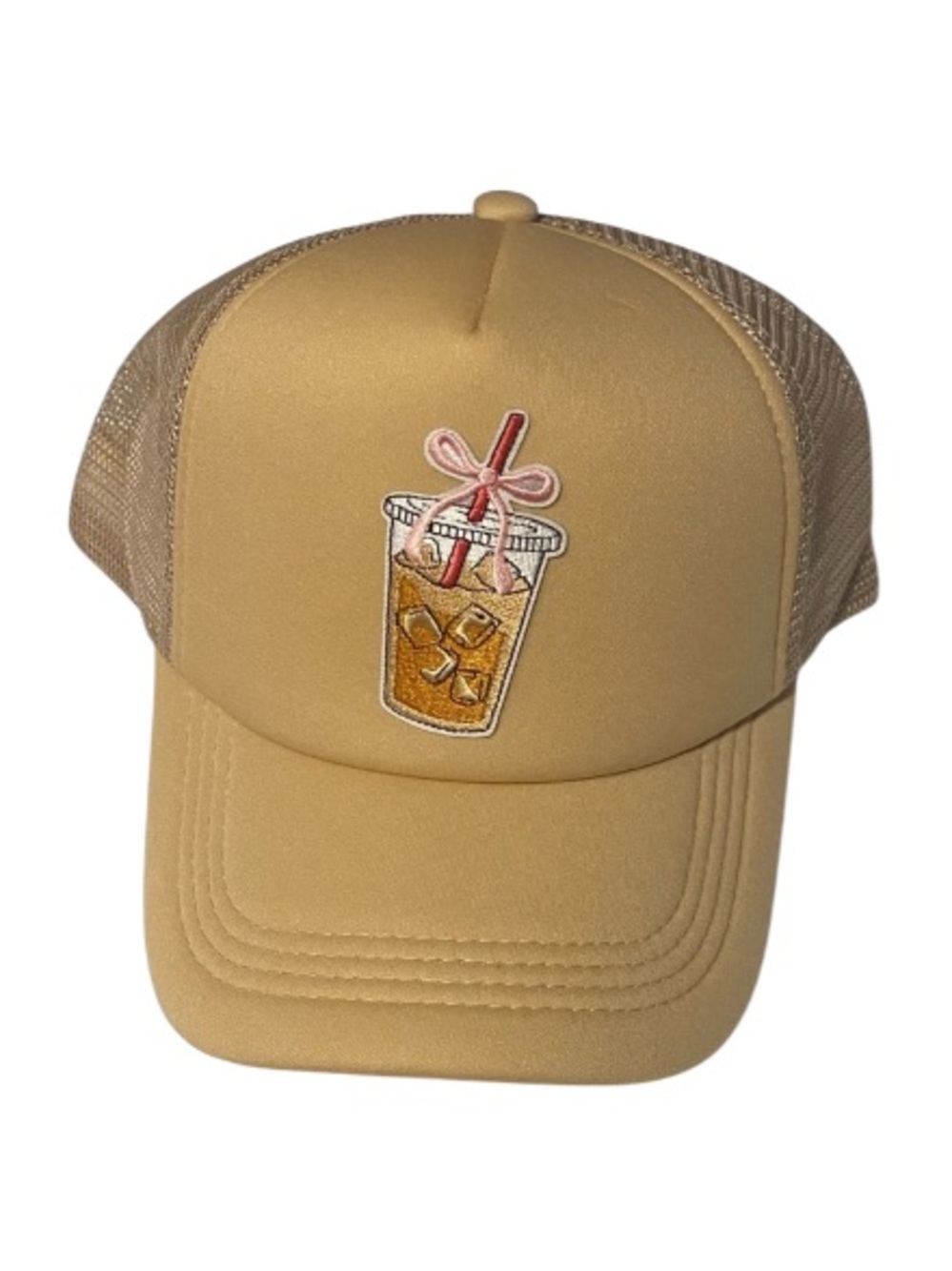 Tan Trucker Hat with Iced Drink Design